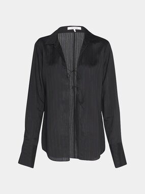 FRAME Delicate Tie Front Striped Top In Noir - Size Small